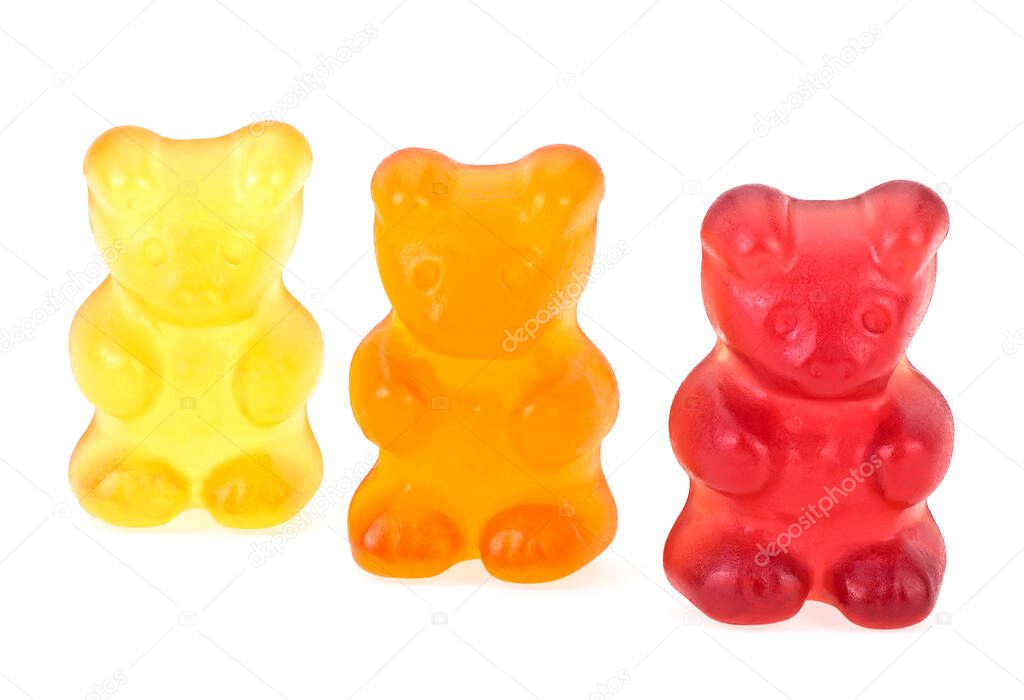 Colourful sweet gummy bears isolated on a white background. Three marmalade bears.
