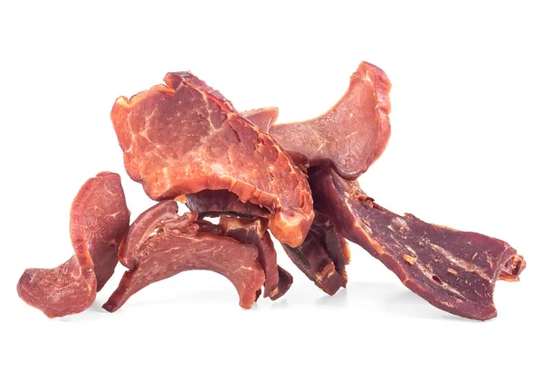 Portion Sliced Dried Meat Isolated White Background Pork Jerky Pieces — Zdjęcie stockowe