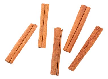 Aromatic cinnamon sticks isolated on a white background, top view.