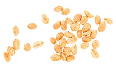 Roasted and salted peanuts isolated on a white background, top view.