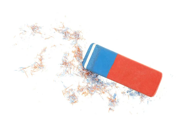 Red Blue Eraser Eraser Shavings Isolated White Background Top View — Stock fotografie