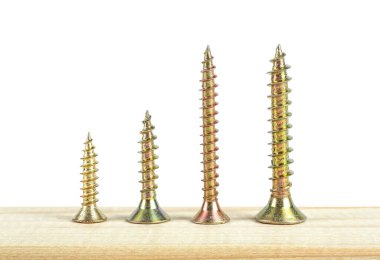 Golden screws on wooden plank isolated on a white background