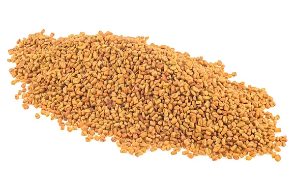 Pile of dried fenugreek seeds isolated on a white background. Indian spice.