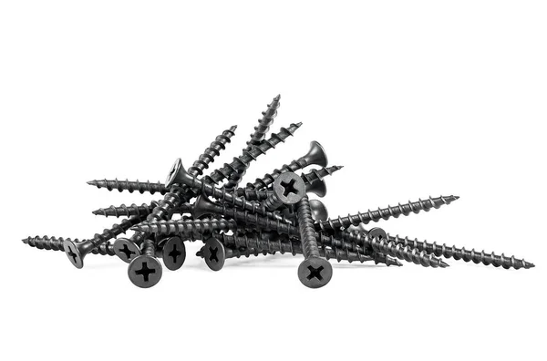 Pile Black Tapping Screws Isolated White Background Material Fastening Parts — 图库照片