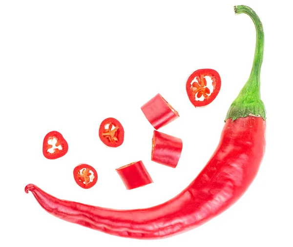 Red Chili Pepper Slices Isolated White Background Top View — 스톡 사진