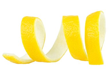 Peel of fresh lemon fruit isolated on a white background. Citrus twist peel.