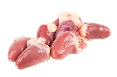 Raw bird hearts isolated on a white background. Fresh chicken hearts.