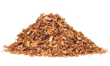 Dried smoking tobacco leaves isolated on a white background. Pile of pipe tobacco.