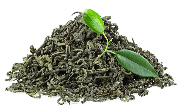 Chá Verde Seco Com Folhas Chá Fresco Isolado Fundo Branco — Fotografia de Stock