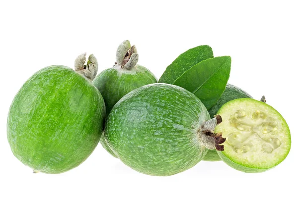 Cut Whole Feijoas Leaves Isolated White Background Green Feijoa — Stock Photo, Image