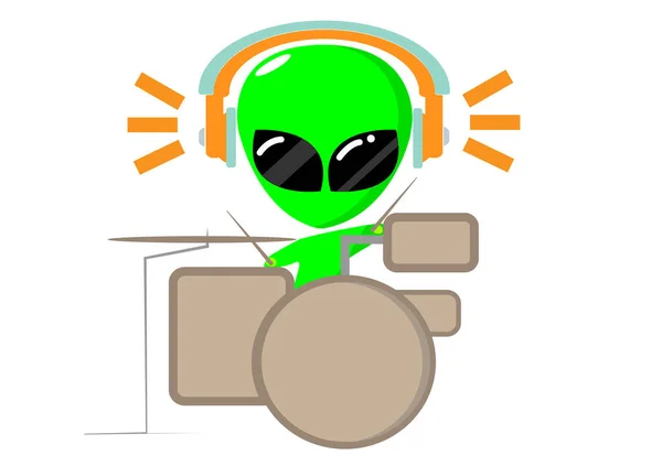 Mâle Mignon Alien Jouer Batterie Acoustique Tout Écoutant Musique Illustration — Image vectorielle