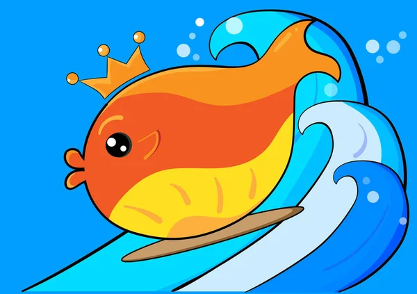 Feliz Sonriente Goldfish Disfrutar Jugando Tabla Surf Las Olas Azules — Vector de stock