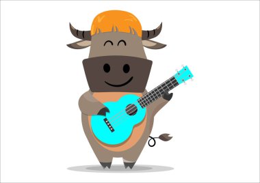 Mavi ukulele çalan mutlu erkek, gülen bufalo, beyaz tenli. vektör illüstrasyonu