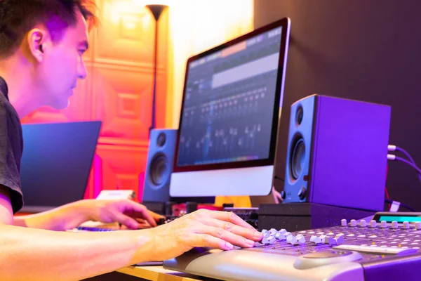 Asian Music Producer Sound Engineer Hands Mixing Music Tracks Digital Stock Photo