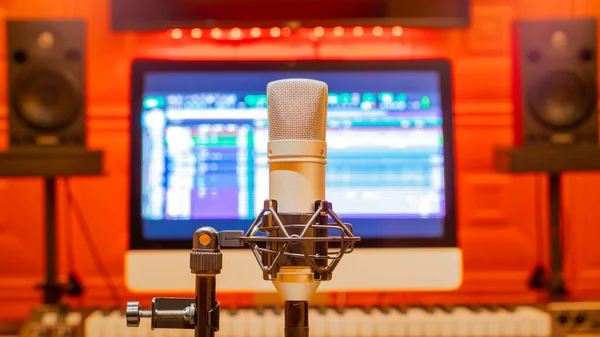 Microfone Estúdio Casa Produção Musical Radiodifusão Conceito Gravação — Fotografia de Stock