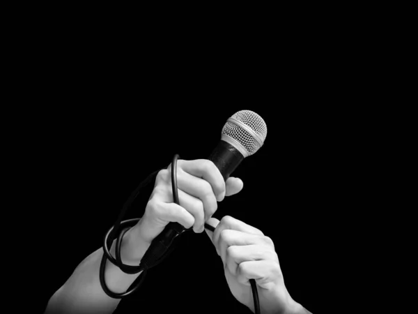 Black White Microphone Male Singer Hands Isolated Black Music Background — ストック写真