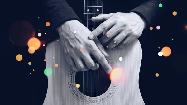 Black White Male Guitarist Hands Acoustic Guitar Body Colorful Bokeh — Photo