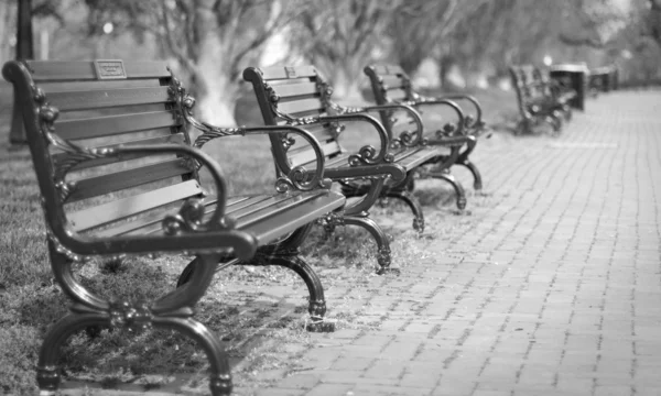 Empty Park Benches along the brick walkway path in Schiller Park Stock Image