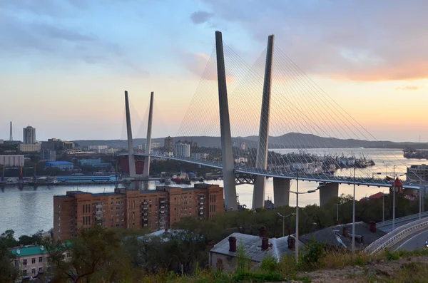 Panorama van de stad vladivostok. brug over de Gouden Hoorn baai bij zonsondergang. — Stockfoto