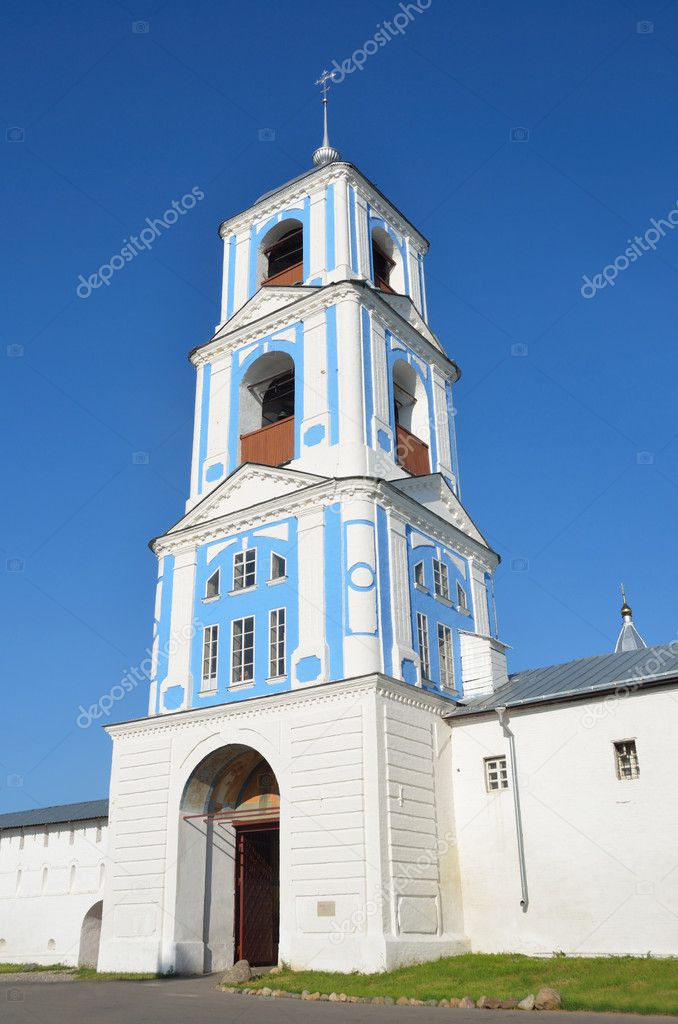 Bell tower of Gate church of Nikitsky monastery in Pereslavl Zalessky, Golden ring of Russia.