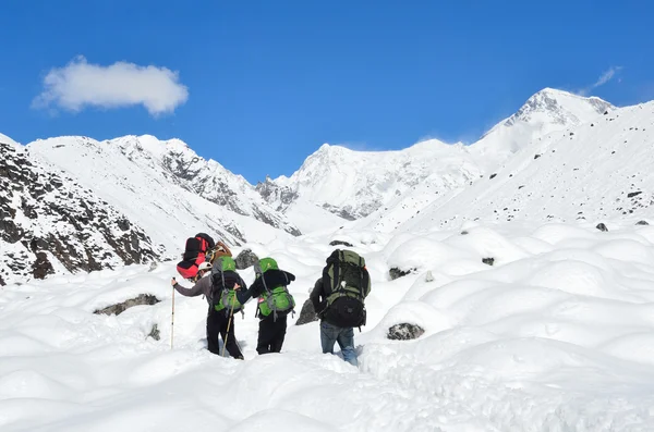 Nepal, trekking en el Himalaya, turistas en el sendero —  Fotos de Stock