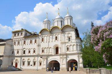 Moscow, Russia, May, 24,2014, Russian scene: People walking near the Patriarchal chambers with the Church of the Twelve apostles in Moscow Kremlin