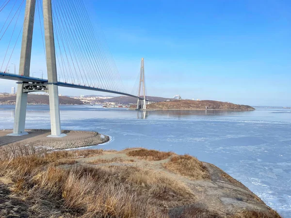 Russland Wladiwostok Brücke Zur Russischen Insel Einem Klaren Wintertag — Stockfoto