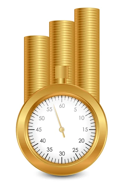 Tijd is geld - vectorillustratie van stopwatch en gouden munten — Stockvector