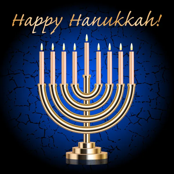 Vektor "Lyckliga Hanukkah!" blå önskan kort med Hanukkah Menorah — Stock vektor