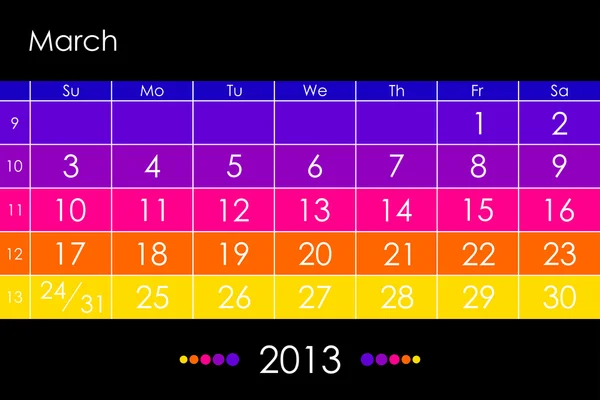 Calendário vetorial 2013 - Março —  Vetores de Stock