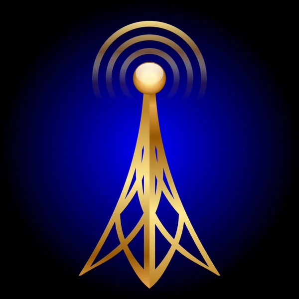 Vector gold antenna icon on blue background — Stock Vector