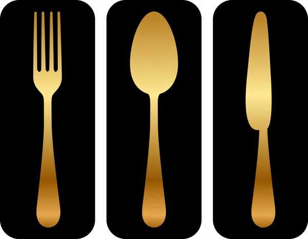 Vector gold cutlery icon on black background — Stock Vector