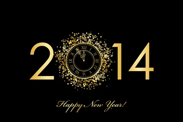 Vector 2014 Feliz Año Nuevo fondo con reloj de oro — Vector de stock