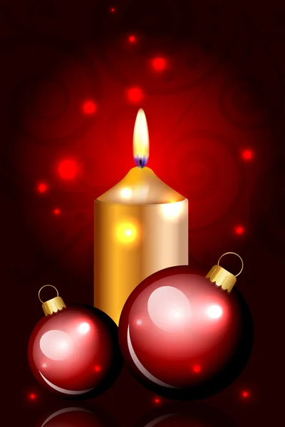 Векторная рождественская красная открытка со свечой и украшением — стоковый вектор