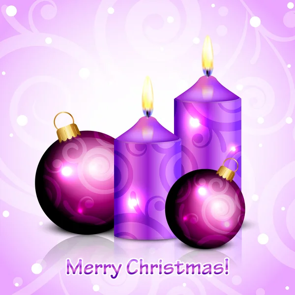 Vetor Feliz Natal roxo fundo com velas e decora — Vetor de Stock