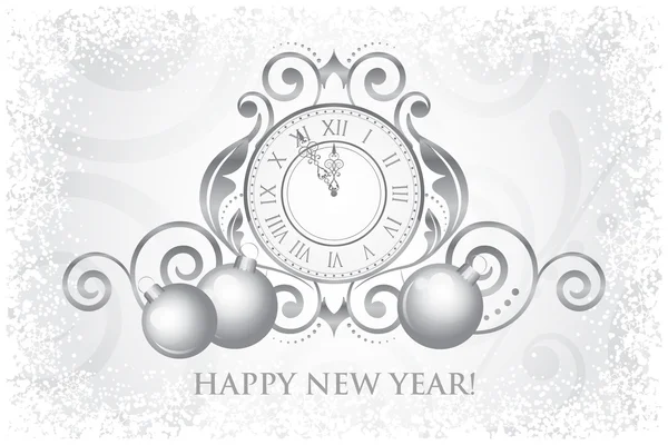 Tarjeta Vector Feliz Año Nuevo con reloj y decoraciones — Vector de stock