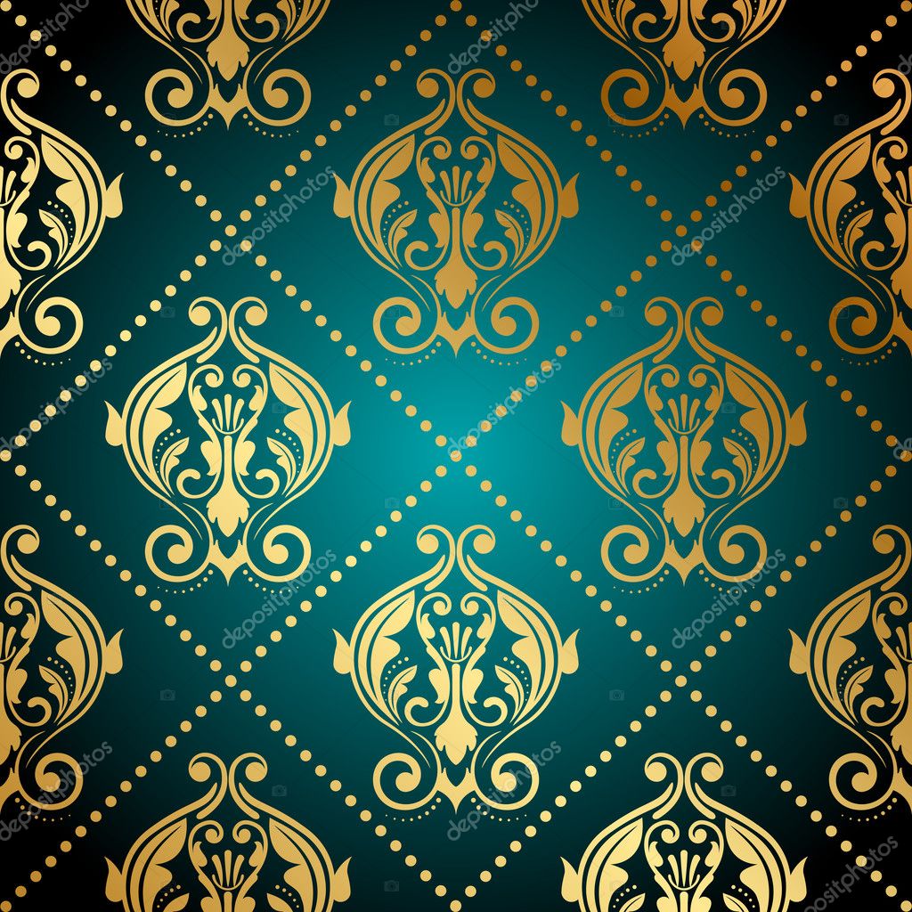 Vector turquoise and gold ornate wallpaper Stock Vector by