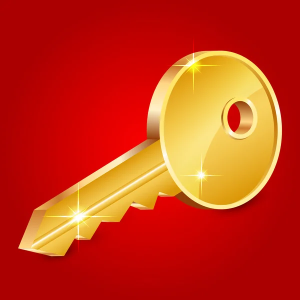 Vector illustration of gold shiny key on red background — Stock Vector