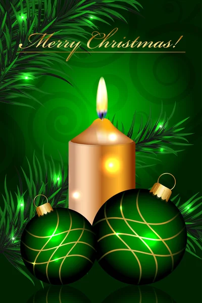 Vector Merry Christmas green background with baubles and candle — Stock Vector
