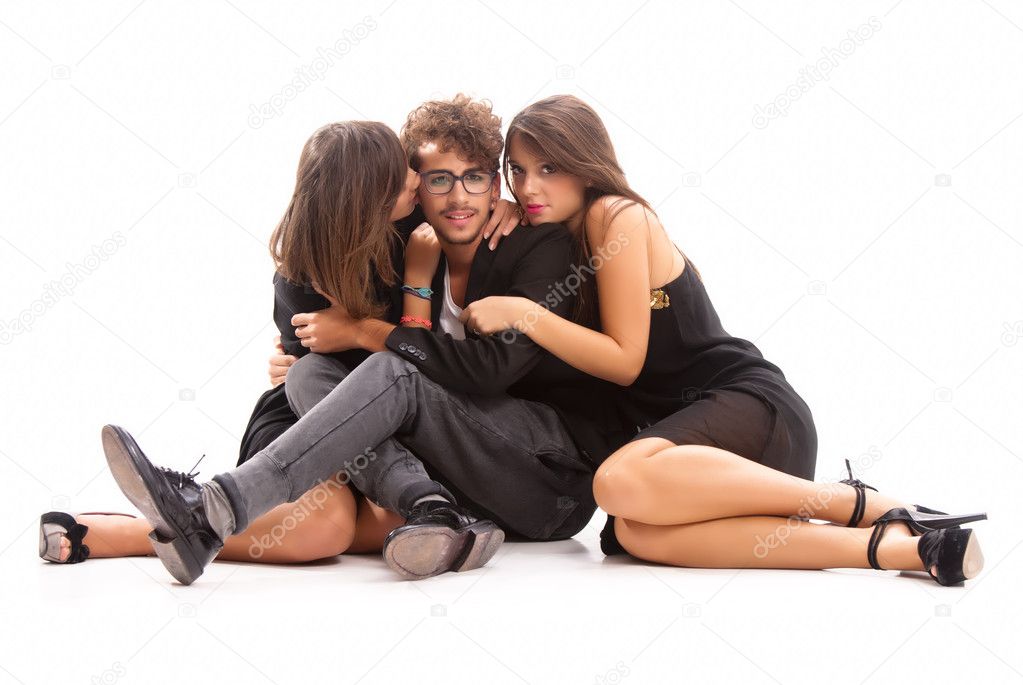 Two Young Attractive Women Kissing Man