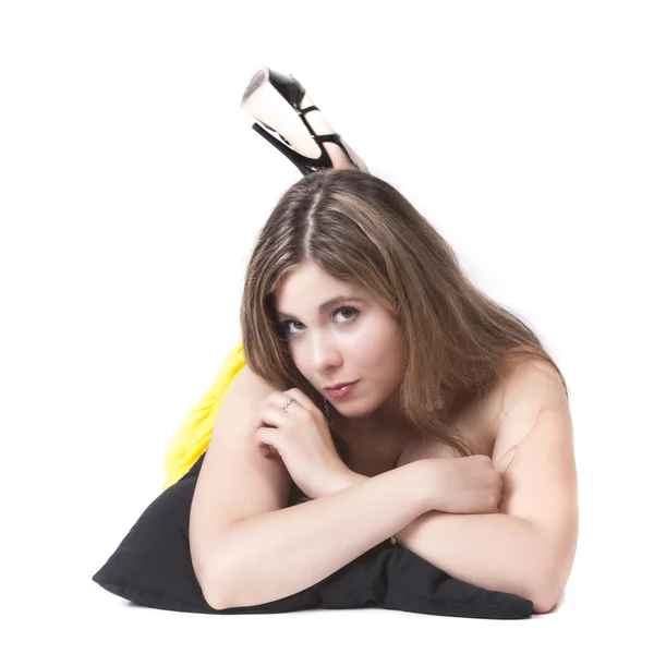 Izolované žena s polštářem — Stock fotografie