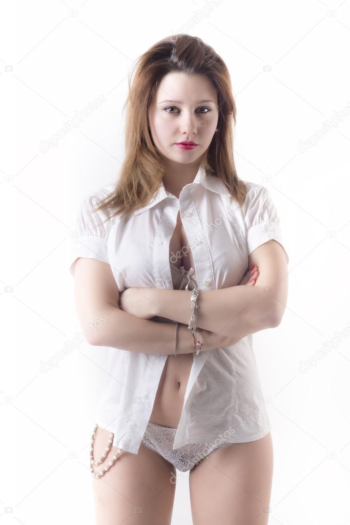 Beautiful Woman Wearing Unbuttoned Shirt.