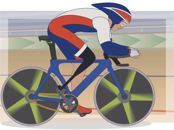 田径残奥会自行车 身体残疾的男性运动员 截肢自行车手 有室内背景的双轮摩托车手 — 图库矢量图片