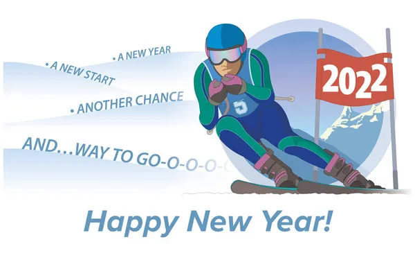 2022スキーレースの幸せな新年のコンセプトは 今年とメッセージで下り坂のフラグを渡す — ストックベクタ