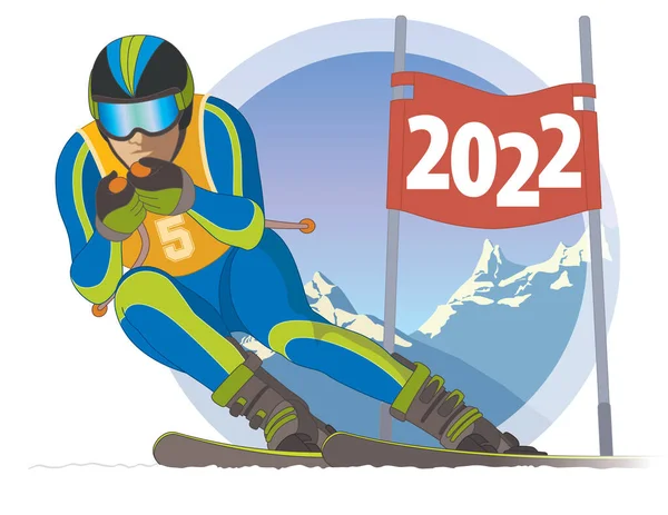 2022 Gelukkig Nieuwjaar Concept Van Skiër Race Downhill Passeren Vlag — Stockvector
