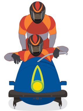Bobsleigh, bobsled 2 kişilik ekip yokuş aşağı gidiyor beyaz arka planda izole edilmiş.