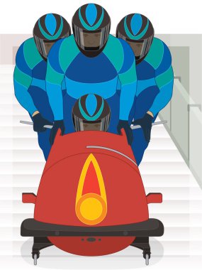 Bobsled, Bobsled 4 kişilik ekip yokuş aşağı buzlu yolda ilerliyor.