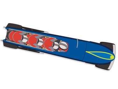 Bobsled, bobsled hava görüntüsü 4 kişilik ekip yokuş aşağı gidiyor beyaz arka planda izole edilmiş