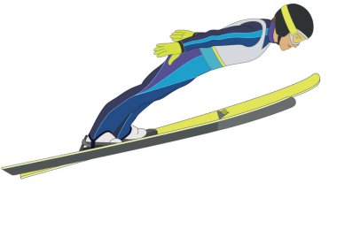 Kayakla atlama, erkek kayakçı V-stili pozisyonda beyaz arka planda izole edilmiş.
