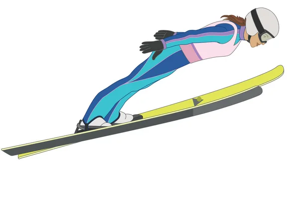 Ski Jumping Female Skier Mid Jump Arms Style Position Isolated — Stock Vector